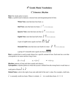 5th
Grade Music Vocabulary
1st
Trimester: Rhythm
Beat: the steady pulse in music.
Note: a symbol used to indicate a musical tone and designated period of time.
Whole Note: note that lasts four beats w
Half Note: note that lasts two beats h h(1/2 of a whole note)
Quarter Note: note that lasts one beat qq (1/4 of a whole note)
Eighth Note: note that lasts half a beat e e(1/8 of a whole note)
A pair of eighth notes equals one beat ry ry
Sixteenth Note: note that lasts one fourth of a beat - s s(1/16 of a whole note)
a group of 4 sixteenth notes equals one beat dffg
Rest: a symbol that is used to mark silence for a specific amount of time. Each note has a rest that
corresponds to its name and how long it lasts:
Q = 1 = q H = 2 = h W = 4 = w
Rhythm: patterns of long and short sounds and silences.
Syncopation: a rhythm pattern in which the accent is shifted from the strong beat to weak beats or
weak parts of beats e q e
Dotted Notes: a dot to the right of any note adds half of the note’s value. For example, a half note,
h is normally worth two beats. When it is dotted, h. it is worth three beats. 2 + 1 = 3
 