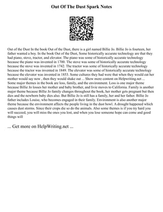 Out Of The Dust Spark Notes
Out of the Dust In the book Out of the Dust, there is a girl named Billie Jo. Billie Jo is fourteen, her
father wanted a boy. In the book Out of the Dust, Some historically accurate technology are that they
had piano, stove, tractor, and elevator. The piano was some of historically accurate technology
because the piano was invented in 1700. The stove was some of historically accurate technology
because the stove was invented in 1742. The tractor was some of historically accurate technology
because the tractor was invented in 1849. The elevator was some of historically accurate technology
because the elevator was invented in 1853. Some cultures they had were that when they would eat her
mother would say now , then they would shake out ... Show more content on Helpwriting.net ...
Some major themes in the book are loss, family, and the environment. Loss is one major theme
because Billie Jo losses her mother and baby brother, and livie moves to California. Family is another
major theme because Billie Jo family changes throughout the book, her mother gets pregnant but then
dies and the newborn baby dies also. But Billie Jo is still has a family, her and her father. Billie Jo
father includes Louise, who becomes engaged in their family. Environment is also another major
theme because the environment affects the people living in the dust bowl. A drought happened which
causes dust storms. Since their crops die so do the animals. Also some themes is if you try hard you
will succeed, you will miss the ones you lost, and when you lose someone hope can come and good
things will
... Get more on HelpWriting.net ...
 