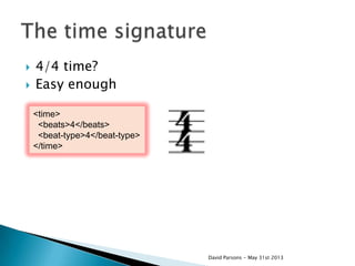  4/4 time?
 Easy enough
David Parsons - May 31st 2013
<time>
<beats>4</beats>
<beat-type>4</beat-type>
</time>
 