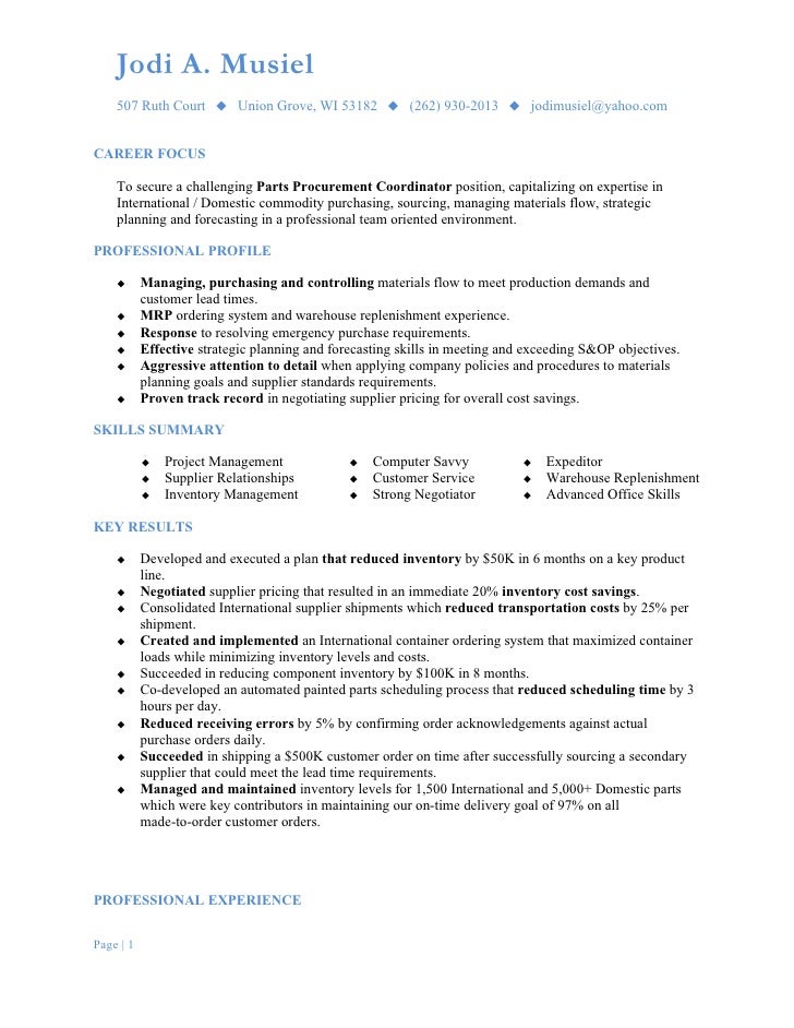 musiel jodi a resume parts procurement coordinator procurement coordinator resumes