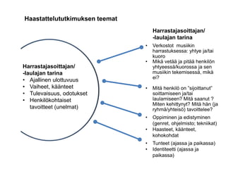 Harrastajasoittajan/
-laulajan tarina
• Ajallinen ulottuvuus
• Vaiheet, käänteet
• Tulevaisuus, odotukset
• Henkilökohtaiset
tavoitteet (unelmat)
• Verkostot musiikin
harrastuksessa: yhtye ja/tai
kuoro
• Mikä vetää ja pitää henkilön
yhtyeessä/kuorossa ja sen
musiikin tekemisessä, mikä
ei?
• Mitä henkilö on ”sijoittanut”
soittamiseen ja/tai
laulamiseen? Mitä saanut ?
Miten kehittynyt? Mitä hän (ja
ryhmä/yhteisö) tavoittelee?
• Oppiminen ja edistyminen
(genret, ohjelmisto; tekniikat)
• Haasteet, käänteet,
kohokohdat
• Tunteet (ajassa ja paikassa)
• Identiteetti (ajassa ja
paikassa)
Harrastajasoittajan/
-laulajan tarina
Haastattelututkimuksen teemat
 