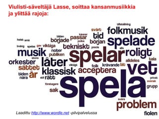 •
Viulisti-säveltäjä Lasse, soittaa kansanmusiikkia
ja ylittää rajoja:
Laadittu http://www.wordle.net -pilvipalvelussa
 