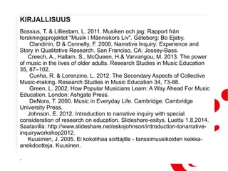 KIRJALLISUUS
Bossius, T. & Lilliestam, L. 2011. Musiken och jag: Rapport från
forskningsprojektet "Musik i Människors Liv". Göteborg: Bo Ejeby.
Clandinin, D & Connelly, F. 2000. Narrative Inquiry: Experience and
Story in Qualitative Research. San Franciso, CA: Jossey-Bass.
Creech, A., Hallam, S., McQueen, H.& Varvarigou, M. 2013. The power
of music in the lives of older adults. Research Studies in Music Education
35, 87–102.
Cunha, R. & Lorenzino, L. 2012. The Secondary Aspects of Collective
Music-making. Research Studies in Music Education 34, 73-88.
Green, L. 2002, How Popular Musicians Learn: A Way Ahead For Music
Education. London: Ashgate Press.
DeNora, T. 2000. Music in Everyday Life. Cambridge: Cambridge
University Press.
Johnson, E. 2012. Introduction to narrative inquiry with special
consideration of research on education. ݺߣshare-esitys. Luettu 1.8.2014.
Saatavilla: http://www.slideshare.net/eskojohnson/introduction-tonarrative-
inquiryworkshop2012.
Kuusinen, J. 2005. Ei kokolihaa soittajille - tanssimuusikoiden keikka-
anekdootteja. Kuusinen.
.
 