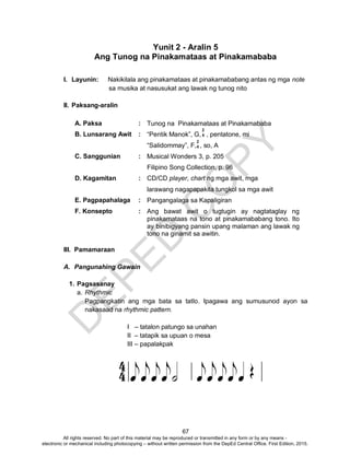 D
EPED
C
O
PY
67
Yunit 2 - Aralin 5
Ang Tunog na Pinakamataas at Pinakamababa
I. Layunin: Nakikilala ang pinakamataas at pinakamababang antas ng mga note
sa musika at nasusukat ang lawak ng tunog nito
II. Paksang-aralin
A. Paksa : Tunog na Pinakamataas at Pinakamababa
B. Lunsarang Awit : “Pentik Manok”, G, , pentatone, mi
“Salidommay”, F, , so, A
C. Sanggunian : Musical Wonders 3, p. 205
Filipino Song Collection, p. 96
D. Kagamitan : CD/CD player, chart ng mga awit, mga
larawang nagapapakita tungkol sa mga awit
E. Pagpapahalaga : Pangangalaga sa Kapaligiran
F. Konsepto : Ang bawat awit o tugtugin ay nagtataglay ng
pinakamataas na tono at pinakamababang tono. Ito
ay binibigyang pansin upang malaman ang lawak ng
tono na ginamit sa awitin.
III. Pamamaraan
A. Pangunahing Gawain
1. Pagsasanay
a. Rhythmic
Pagpangkatin ang mga bata sa tatlo. Ipagawa ang sumusunod ayon sa
nakasaad na rhythmic pattern.
I – tatalon patungo sa unahan
II – tatapik sa upuan o mesa
III – papalakpak
2
4
2
4
All rights reserved. No part of this material may be reproduced or transmitted in any form or by any means -
electronic or mechanical including photocopying – without written permission from the DepEd Central Office. First Edition, 2015.
 