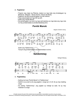 D
EPED
C
O
PY
69
2. Paglalahad
- Tingnan ang mapa ng Pilipinas. Ipaturo sa mga bata ang kinalalagyan ng
Mindanao. (Bagobo - Davao del Sur, Davao del Norte)
- Pagtuturo ng awit sa pamamagitan ng rote method.
- Pag-uusap tungkol sa mga titik ng awit.
- Awitin ang “Pentik Manok”.
- Sa pamamagitan ng score ng mga awit ipatukoy sa mga bata ang mga nota
na may pinakamataas at pinakamababang tono.
Awitin ang “Salidommay”.
Tukuyin ang pinakamababa at pinakamataas na tono.
3. Pagtatalakay
- Awiting muli ang “Pentik Manok” at “Salidommay”.
- Sabihin na sa awit na ito ang pagitan o range ay 5, G–D. Ito ay may maikling
range.
- Sa awiting “Salidommay”, ang pagitan ay mahigit sa walo. Ito ay may
malawak na range.
All rights reserved. No part of this material may be reproduced or transmitted in any form or by any means -
electronic or mechanical including photocopying – without written permission from the DepEd Central Office. First Edition, 2015.
 