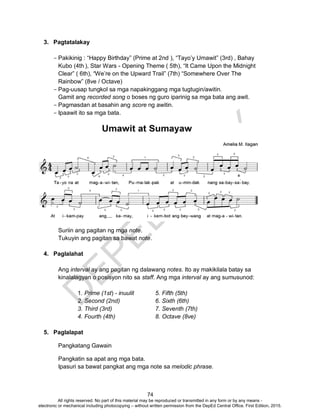 D
EPED
C
O
PY
74
3. Pagtatalakay
- Pakikinig : “Happy Birthday” (Prime at 2nd ), “Tayo’y Umawit” (3rd) , Bahay
Kubo (4th ), Star Wars - Opening Theme ( 5th), “It Came Upon the Midnight
Clear” ( 6th), “We’re on the Upward Trail” (7th) “Somewhere Over The
Rainbow” (8ve / Octave)
- Pag-uusap tungkol sa mga napakinggang mga tugtugin/awitin.
Gamit ang recorded song o boses ng guro iparinig sa mga bata ang awit.
- Pagmasdan at basahin ang score ng awitin.
- Ipaawit ito sa mga bata.
Suriin ang pagitan ng mga note.
Tukuyin ang pagitan sa bawat note.
4. Paglalahat
Ang interval ay ang pagitan ng dalawang notes. Ito ay makikilala batay sa
kinalalagyan o posisyon nito sa staff. Ang mga interval ay ang sumusunod:
1. Prime (1st) - inuulit 5. Fifth (5th)
2. Second (2nd) 6. Sixth (6th)
3. Third (3rd) 7. Seventh (7th)
4. Fourth (4th) 8. Octave (8ve)
5. Paglalapat
Pangkatang Gawain
Pangkatin sa apat ang mga bata.
Ipasuri sa bawat pangkat ang mga note sa melodic phrase.
All rights reserved. No part of this material may be reproduced or transmitted in any form or by any means -
electronic or mechanical including photocopying – without written permission from the DepEd Central Office. First Edition, 2015.
 