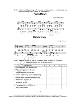 D
EPED
C
O
PY
87
32-35. Tukuyin at bilugan ang note na may pinakamababa at pinakamataas na
range sa awiting “Pentik Manok” at “Salidommay”.
36- 40. Panuto: Lagyan ng tsek (√) ang kahon bilang pagsukat sa ipinakitang
kakayahan sa pag-awit ng likhang melody.
Pamantayan 5 4 3 2 1
1. Nakaawit nang may wastong tono
2. Nakilala ang pinakamataas at
pinakamababang tono sa awit
3. Naawit ang tamang range sa pagitan ng
pinakamataas at pinakamababang tono
4. Naipadama ang sigla at
damdamin sa awit
5. Nakapagpakita ng pakikiisa sa
pangkatang gawain
All rights reserved. No part of this material may be reproduced or transmitted in any form or by any means -
electronic or mechanical including photocopying – without written permission from the DepEd Central Office. First Edition, 2015.
 