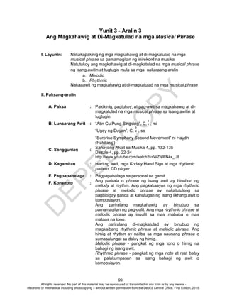 D
EPED
C
O
PY
99
Yunit 3 - Aralin 3
Ang Magkahawig at Di-Magkatulad na mga Musical Phrase
I. Layunin: Nakakapakinig ng mga magkahawig at di-magkatulad na mga
musical phrase sa pamamagitan ng inirekord na musika
Natutukoy ang magkahawig at di-magkatulad na mga musical phrase
ng isang awitin at tugtugin mula sa mga nakaraang aralin
a. Melodic
b. Rhythmic
Nakaaawit ng magkahawig at di-magkatulad na mga musical phrase
II. Paksang-aralin
A. Paksa : Pakikinig, pagtukoy, at pag-awit sa magkahawig at di-
magkatulad na mga musical phrase sa isang awitin at
tugtugin
B. Lunsarang Awit : “Atin Cu Pung Singsing”, C, , mi
“Ugoy ng Duyan”, C, , so
“Surprise Symphony Second Movement” ni Haydn
(Pakikinig)
C. Sanggunian :
Sanayang Aklat sa Musika 4, pp. 132-135
Dazzle 4, pp. 22-24
http://www.youtube.com/watch?v=WZNIFN4x_U8
D. Kagamitan : tsart ng awit, mga Kodaly Hand Sign at mga rhythmic
pattern, CD player
E. Pagpapahalaga : Pagpapahalaga sa personal na gamit
F. Konsepto :
Ang parirala o phrase ng isang awit ay binubuo ng
melody at rhythm. Ang pagkakaayos ng mga rhythmic
phrase at melodic phrase ay nakatutulong sa
pagbibigay ganda at kahulugan ng isang likhang awit o
komposisyon.
Ang pariralang magkahawig ay binubuo sa
pamamagitan ng pag-uulit. Ang mga rhythmic phrase at
melodic phrase ay inuulit sa mas mababa o mas
mataas na tono.
Ang pariralang di-magkatulad ay binubuo ng
magkaibang rhythmic phrase at melodic phrase. Ang
himig at rhythm ay naiiba sa mga naunang phrase o
sumasalungat sa daloy ng himig.
Melodic phrase - pangkat ng mga tono o himig na
bahagi ng isang awit.
Rhythmic phrase - pangkat ng mga note at rest batay
sa palakumpasan sa isang bahagi ng awit o
komposisyon.
3
4
3
4
All rights reserved. No part of this material may be reproduced or transmitted in any form or by any means -
electronic or mechanical including photocopying – without written permission from the DepEd Central Office. First Edition, 2015.
 