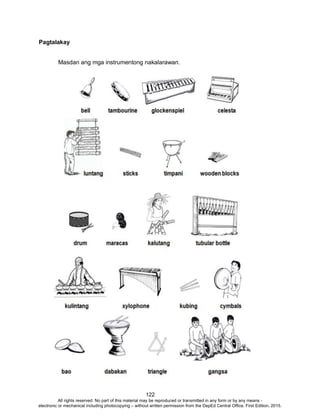 D
EPED
C
O
PY
122
Pagtalakay
Masdan ang mga instrumentong nakalarawan.
All rights reserved. No part of this material may be reproduced or transmitted in any form or by any means -
electronic or mechanical including photocopying – without written permission from the DepEd Central Office. First Edition, 2015.
 