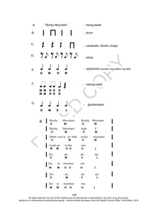 D
EPED
C
O
PY
126
D M D M
M M R R D
M M R D R
D M S L
- xylophone (sundan ang pattern ng awit)
- mang-aawit
- drum
- castanets, blocks, tonga
- sticks
- melody bells
- glockenspiel
A. “Rocky Mountain”
B.
C.
D.
E.
F.
G
.
All rights reserved. No part of this material may be reproduced or transmitted in any form or by any means -
electronic or mechanical including photocopying – without written permission from the DepEd Central Office. First Edition, 2015.
 