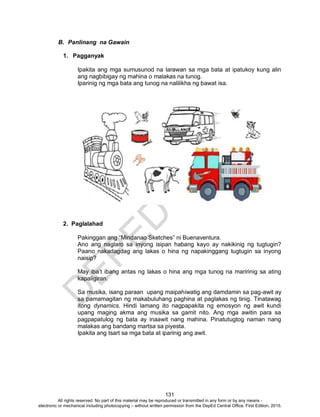 D
EPED
C
O
PY
131
B. Panlinang na Gawain
1. Pagganyak
Ipakita ang mga sumusunod na larawan sa mga bata at ipatukoy kung alin
ang nagbibigay ng mahina o malakas na tunog.
Iparinig ng mga bata ang tunog na nalilikha ng bawat isa.
2. Paglalahad
Pakinggan ang “Mindanao Sketches” ni Buenaventura.
Ano ang naglaro sa inyong isipan habang kayo ay nakikinig ng tugtugin?
Paano nakadagdag ang lakas o hina ng napakinggang tugtugin sa inyong
naisip?
May iba’t ibang antas ng lakas o hina ang mga tunog na maririnig sa ating
kapaligiran.
Sa musika, isang paraan upang maipahiwatig ang damdamin sa pag-awit ay
sa pamamagitan ng makabuluhang paghina at paglakas ng tinig. Tinatawag
itong dynamics. Hindi lamang ito nagpapakita ng emosyon ng awit kundi
upang maging akma ang musika sa gamit nito. Ang mga awitin para sa
pagpapatulog ng bata ay inaawit nang mahina. Pinatutugtog naman nang
malakas ang bandang martsa sa piyesta.
Ipakita ang tsart sa mga bata at iparinig ang awit.
All rights reserved. No part of this material may be reproduced or transmitted in any form or by any means -
electronic or mechanical including photocopying – without written permission from the DepEd Central Office. First Edition, 2015.
 