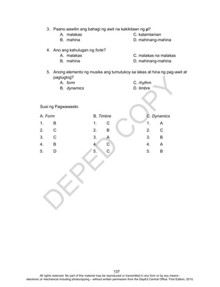 D
EPED
C
O
PY
137
3. Paano aawitin ang bahagi ng awit na kakikitaan ng p?
A. malakas C. katamtaman
B. mahina D. mahinang-mahina
4. Ano ang kahulugan ng forte?
A. malakas C. malakas na malakas
B. mahina D. mahinang-mahina
5. Anong elemento ng musika ang tumutukoy sa lakas at hina ng pag-awit at
pagtugtog?
A. form C. rhythm
B. dynamics D. timbre
Susi ng Pagwawasto:
A. Form B. Timbre C. Dynamics
1. B 1. C 1. A
2. C 2. B 2. C
3. C 3. A 3. B
4. B 4. C 4. A
5. D 5. C 5. B
All rights reserved. No part of this material may be reproduced or transmitted in any form or by any means -
electronic or mechanical including photocopying – without written permission from the DepEd Central Office. First Edition, 2015.
 