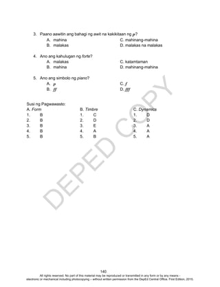 D
EPED
C
O
PY
140
3. Paano aawitin ang bahagi ng awit na kakikitaan ng p?
A. mahina C. mahinang-mahina
B. malakas D. malakas na malakas
4. Ano ang kahulugan ng forte?
A. malakas C. katamtaman
B. mahina D. mahinang-mahina
5. Ano ang simbolo ng piano?
A. p C. f
B. ff D. fff
Susi ng Pagwawasto:
A. Form B. Timbre C. Dynamics
1. B 1. C 1. D
2. B 2. D 2. D
3. B 3. E 3. A
4. B 4. A 4. A
5. B 5. B 5. A
All rights reserved. No part of this material may be reproduced or transmitted in any form or by any means -
electronic or mechanical including photocopying – without written permission from the DepEd Central Office. First Edition, 2015.
 