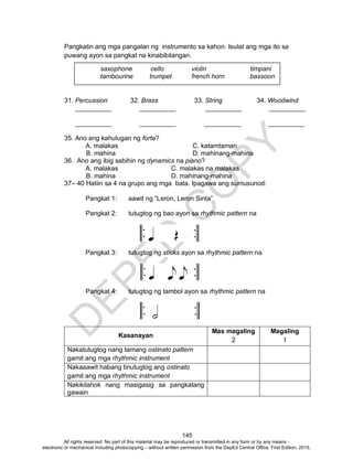 D
EPED
C
O
PY
145
Pangkatin ang mga pangalan ng instrumento sa kahon. Isulat ang mga ito sa
puwang ayon sa pangkat na kinabibilangan.
31. Percussion 32. Brass 33. String 34. Woodwind
__________ __________ __________ __________
__________ __________ __________ __________
35. Ano ang kahulugan ng forte?
A. malakas C. katamtaman
B. mahina D. mahinang-mahina
36. Ano ang ibig sabihin ng dynamics na piano?
A. malakas C. malakas na malakas
B. mahina D. mahinang-mahina
37– 40 Hatiin sa 4 na grupo ang mga bata. Ipagawa ang sumusunod:
Pangkat 1: aawit ng “Leron, Leron Sinta”
Pangkat 2: tutugtog ng bao ayon sa rhythmic pattern na
Pangkat 3: tutugtog ng sticks ayon sa rhythmic pattern na
Pangkat 4: tutugtog ng tambol ayon sa rhythmic pattern na
Kasanayan
Mas magaling
2
Magaling
1
Nakatutugtog nang tamang ostinato pattern
gamit ang mga rhythmic instrument
Nakaaawit habang tinutugtog ang ostinato
gamit ang mga rhythmic instrument
Nakikilahok nang masigasig sa pangkatang
gawain
saxophone cello violin timpani
tambourine trumpet french horn bassoon
All rights reserved. No part of this material may be reproduced or transmitted in any form or by any means -
electronic or mechanical including photocopying – without written permission from the DepEd Central Office. First Edition, 2015.
 