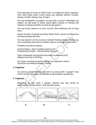 D
EPED
C
O
PY
160
(Ang mga gulay at prutas sa “Bahay Kubo” ay singkamas, talong, sigarilyas,
mani, sitaw, bataw, patani, kundol, patula, upo, kalabasa, labanos, mustasa,
sibuyas, kamatis, bawang, luya, at linga.)
Ano ang kahalagahan ng pagkain ng mga gulay at prutas? (Mahalaga ang
pagkain ng mga gulay at prutas upang laging malakas at malusog ang
katawan at maging produktibo sa lahat ng mga gawain.)
Ano ang inyong napansin sa score ng awit? (May dalawang note sa isang
linya.)
Ipaawit ang taas na bahagi ng awiting “Bahay Kubo” (soprano part) kasunod
ng babang bahagi (alto part).
Ano ang napansin sa tono ng itaas na bahagi? Ibabang bahagi? (Mataas ang
tono ng bahaging nasa itaas at mababa ang tono ng bahaging nasa ibaba.)
Pangkatin ang klase sa dalawa.
Unang Pangkat – itaas na bahagi (soprano part)
Pangalawang Pangkat – ibabang bahagi (alto part)
Paano inilalarawan ang pag-awit nang sabay ng dalawang tinig?
(Makapal ang tinig na naririnig.)
Sa musika, ang kapal ng awitin o tugtugin ay tinatawag na texture.
Ang texture ay maaring makapal o manipis.
4. Paglalahat
Sa paanong paraan nakikilala ang texture ng isang awitin o tugtugin? (Ang
texture ng awitin o tugtugin ay nakikilala sa pamamagitan ng pakikinig.)
5. Paglalapat
Magparinig ng mga awitin o tugtugin. Ilarawan ang mga narinig sa
pamamagitan ng mga tanawin. Isulat ang titik lamang.
A B C
All rights reserved. No part of this material may be reproduced or transmitted in any form or by any means -
electronic or mechanical including photocopying – without written permission from the DepEd Central Office. First Edition, 2015.
 