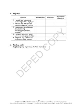 D
EPED
C
O
PY
162
IV. Pagtataya
V. Takdang-aralin
Magdala ng mga improvised rhythmic instrument.
Gawain Napakagaling Magaling
Di-gaanong
Magaling
1. Nakilala ang manipis na
texture ng awitin o tugtugin
2. Nakilala ang makapal na
texture ng awitin o tugtugin
3. Naunawaan nang lubusan
ang texture ng
napakinggang awitin o
tugtugin
4. Nakaawit nang may pang-
unawa sa bahaging itinakda
5. Naipakita ang pakikiisa sa
mga pangkatang gawain
All rights reserved. No part of this material may be reproduced or transmitted in any form or by any means -
electronic or mechanical including photocopying – without written permission from the DepEd Central Office. First Edition, 2015.
 