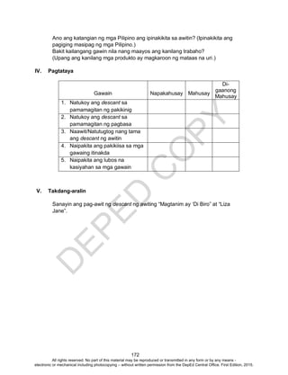 D
EPED
C
O
PY
172
Ano ang katangian ng mga Pilipino ang ipinakikita sa awitin? (Ipinakikita ang
pagiging masipag ng mga Pilipino.)
Bakit kailangang gawin nila nang maayos ang kanilang trabaho?
(Upang ang kanilang mga produkto ay magkaroon ng mataas na uri.)
IV. Pagtataya
Gawain Napakahusay Mahusay
Di-
gaanong
Mahusay
1. Natukoy ang descant sa
pamamagitan ng pakikinig
2. Natukoy ang descant sa
pamamagitan ng pagbasa
3. Naawit/Natutugtog nang tama
ang descant ng awitin
4. Naipakita ang pakikiisa sa mga
gawaing itinakda
5. Naipakita ang lubos na
kasiyahan sa mga gawain
V. Takdang-aralin
Sanayin ang pag-awit ng descant ng awiting “Magtanim ay ‘Di Biro” at “Liza
Jane”.
All rights reserved. No part of this material may be reproduced or transmitted in any form or by any means -
electronic or mechanical including photocopying – without written permission from the DepEd Central Office. First Edition, 2015.
 