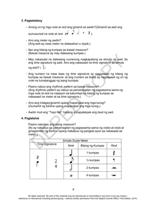 D
EPED
C
O
PY
8
3. Pagtatalakay
- Anong uri ng mga note at rest ang ginamit sa awitin?(Ginamit sa awit ang
sumusunod na note at rest ( ).
- Ano ang meter ng awitin?
(Ang awit ay nasa meter na dalawahan o duple.)
- Ilan ang bilang ng kumpas sa bawat measure?
(Bawat measure ay may dalawang kumpas.)
- May nakasulat na dalawang numerong magkapatong sa simula ng awit. Ito
ang time signature ng awit. Ano ang nakasaad na time signature sa simula
ng awit? ( )
- Ang numero na nasa itaas ng time signature ay nagsasaad ng bilang ng
kumpas sa bawat measure, at ang numero sa ibaba ay nagsasaad ng uri ng
note na tumatanggap ng isang kumpas.
- Paano nabuo ang rhythmic pattern sa bawat measure?
(Ang rhythmic pattern ay nabuo sa pamamagitan ng pagsasama-sama ng
mga note at rest na naaayon sa katumbas na bilang ng kumpas sa
nakasaad na meter at sa time signature.)
- Ano ang inilagay/ginamit upang mapangkat ang mga tunog?
(Gumamit ng barline upang mapangkat ang mga tunog.)
- Awitin muli ang “Tayo Na!” habang ipinapalakpak ang beat ng awit.
4. Paglalahat
Paano nabubuo ang isang measure?
(Ito ay nabubuo sa pamamagitan ng pagsasama-sama ng notes at rests at
ginagamitan ng barline upang makabuo ng pangkat ayon sa nakasaad sa
meter.)
Simple Duple Meter
Time Signature
Note Bilang ng Kumpas Rest
1 kumpas
½ kumpas
2 kumpas
4 kumpas
2
4
All rights reserved. No part of this material may be reproduced or transmitted in any form or by any means -
electronic or mechanical including photocopying – without written permission from the DepEd Central Office. First Edition, 2015.
 