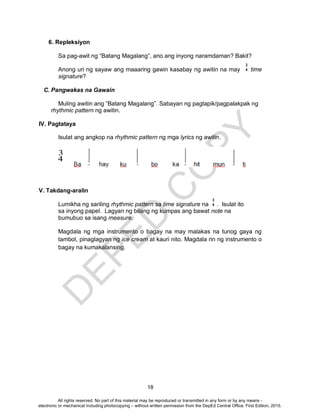 D
EPED
C
O
PY
18
6. Repleksiyon
Sa pag-awit ng “Batang Magalang”, ano ang inyong naramdaman? Bakit?
Anong uri ng sayaw ang maaaring gawin kasabay ng awitin na may time
signature?
C. Pangwakas na Gawain
Muling awitin ang “Batang Magalang”. Sabayan ng pagtapik/pagpalakpak ng
rhythmic pattern ng awitin.
IV. Pagtataya
Isulat ang angkop na rhythmic pattern ng mga lyrics ng awitin.
V. Takdang-aralin
Lumikha ng sariling rhythmic pattern sa time signature na . Isulat ito
sa inyong papel. Lagyan ng bilang ng kumpas ang bawat note na
bumubuo sa isang measure.
Magdala ng mga instrumento o bagay na may malakas na tunog gaya ng
tambol, pinaglagyan ng ice cream at kauri nito. Magdala rin ng instrumento o
bagay na kumakalansing.
3
4
3
4
All rights reserved. No part of this material may be reproduced or transmitted in any form or by any means -
electronic or mechanical including photocopying – without written permission from the DepEd Central Office. First Edition, 2015.
 