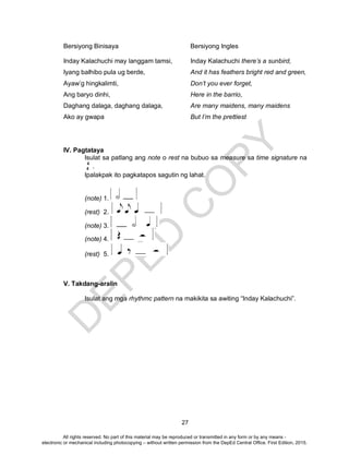 D
EPED
C
O
PY
27
Bersiyong Binisaya Bersiyong Ingles
Inday Kalachuchi may langgam tamsi, Inday Kalachuchi there’s a sunbird,
Iyang balhibo pula ug berde, And it has feathers bright red and green,
Ayaw’g hingkalimti, Don’t you ever forget,
Ang baryo dinhi, Here in the barrio,
Daghang dalaga, daghang dalaga, Are many maidens, many maidens
Ako ay gwapa But I’m the prettiest
IV. Pagtataya
Isulat sa patlang ang note o rest na bubuo sa measure sa time signature na
.
Ipalakpak ito pagkatapos sagutin ng lahat.
(note) 1.
(rest) 2.
(note) 3.
(note) 4.
(rest) 5.
V. Takdang-aralin
Isulat ang mga rhythmc pattern na makikita sa awiting “Inday Kalachuchi”.
4
4
All rights reserved. No part of this material may be reproduced or transmitted in any form or by any means -
electronic or mechanical including photocopying – without written permission from the DepEd Central Office. First Edition, 2015.
 