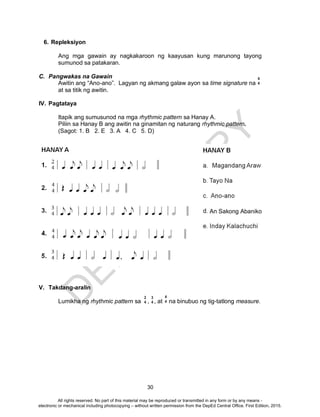 D
EPED
C
O
PY
30
6. Repleksiyon
Ang mga gawain ay nagkakaroon ng kaayusan kung marunong tayong
sumunod sa patakaran.
C. Pangwakas na Gawain
Awitin ang “Ano-ano”. Lagyan ng akmang galaw ayon sa time signature na
at sa titik ng awitin.
IV. Pagtataya
Itapik ang sumusunod na mga rhythmic pattern sa Hanay A.
Piliin sa Hanay B ang awitin na ginamitan ng naturang rhythmic pattern.
(Sagot: 1. B 2. E 3. A 4. C 5. D)
V. Takdang-aralin
Lumikha ng rhythmic pattern sa , , at na binubuo ng tig-tatlong measure.
4
4
2
4
3
4
4
4
An Sakong Abaniko
All rights reserved. No part of this material may be reproduced or transmitted in any form or by any means -
electronic or mechanical including photocopying – without written permission from the DepEd Central Office. First Edition, 2015.
 