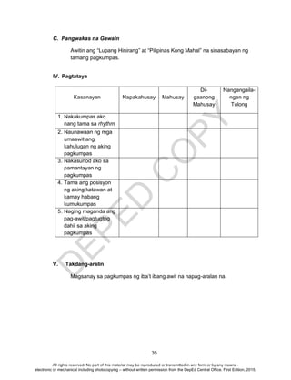D
EPED
C
O
PY
35
C. Pangwakas na Gawain
Awitin ang “Lupang Hinirang” at “Pilipinas Kong Mahal” na sinasabayan ng
tamang pagkumpas.
IV. Pagtataya
Kasanayan Napakahusay Mahusay
Di-
gaanong
Mahusay
Nangangaila-
ngan ng
Tulong
1. Nakakumpas ako
nang tama sa rhythm
2. Naunawaan ng mga
umaawit ang
kahulugan ng aking
pagkumpas
3. Nakasunod ako sa
pamantayan ng
pagkumpas
4. Tama ang posisyon
ng aking katawan at
kamay habang
kumukumpas
5. Naging maganda ang
pag-awit/pagtugtog
dahil sa aking
pagkumpas
V. Takdang-aralin
Magsanay sa pagkumpas ng iba’t ibang awit na napag-aralan na.
All rights reserved. No part of this material may be reproduced or transmitted in any form or by any means -
electronic or mechanical including photocopying – without written permission from the DepEd Central Office. First Edition, 2015.
 