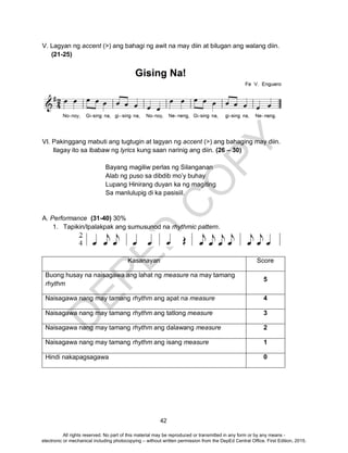 D
EPED
C
O
PY
42
V. Lagyan ng accent (>) ang bahagi ng awit na may diin at bilugan ang walang diin.
(21-25)
VI. Pakinggang mabuti ang tugtugin at lagyan ng accent (>) ang bahaging may diin.
Ilagay ito sa ibabaw ng lyrics kung saan narinig ang diin. (26 – 30)
Bayang magiliw perlas ng Silanganan
Alab ng puso sa dibdib mo’y buhay
Lupang Hinirang duyan ka ng magiting
Sa manlulupig di ka pasisiil.
A. Performance (31-40) 30%
1. Tapikin/Ipalakpak ang sumusunod na rhythmic pattern.
Kasanayan Score
Buong husay na naisagawa ang lahat ng measure na may tamang
rhythm
5
Naisagawa nang may tamang rhythm ang apat na measure 4
Naisagawa nang may tamang rhythm ang tatlong measure 3
Naisagawa nang may tamang rhythm ang dalawang measure 2
Naisagawa nang may tamang rhythm ang isang measure 1
Hindi nakapagsagawa 0
All rights reserved. No part of this material may be reproduced or transmitted in any form or by any means -
electronic or mechanical including photocopying – without written permission from the DepEd Central Office. First Edition, 2015.
 