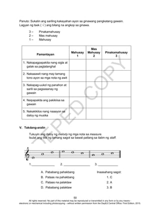 D
EPED
C
O
PY
50
Panuto: Sukatin ang sariling kakayahan ayon sa ginawang pangkatang gawain.
Lagyan ng tsek ( √ ) ang bilang na angkop sa ginawa.
3 – Pinakamahusay
2 – Mas mahusay
1 – Mahusay
Pamantayan
Mahusay
1
Mas
Mahusay
2
Pinakamahusay
3
1. Nakapagpapakita nang sigla at
galak sa pagtatanghal
2. Nakaaawit nang may tamang
tono ayon sa mga nota ng awit
3. Nakapag-uukol ng panahon at
sarili sa pagsasanay ng
gawain
4. Naipapakita ang pakikiisa sa
gawain
5. Nakakikilos nang naaayon sa
daloy ng musika
V. Takdang-aralin
Tukuyin ang daloy ng melody ng mga nota sa measure.
Isulat ang titik ng tamang sagot sa bawat patlang sa ilalim ng staff.
1.______________ 2. ________________ 3. ____________
A. Pababang pahakbang Inaasahang sagot:
B. Pataas na pahakbang 1. C
C. Pataas na palaktaw 2. A
D. Pababang palaktaw 3. B
All rights reserved. No part of this material may be reproduced or transmitted in any form or by any means -
electronic or mechanical including photocopying – without written permission from the DepEd Central Office. First Edition, 2015.
 