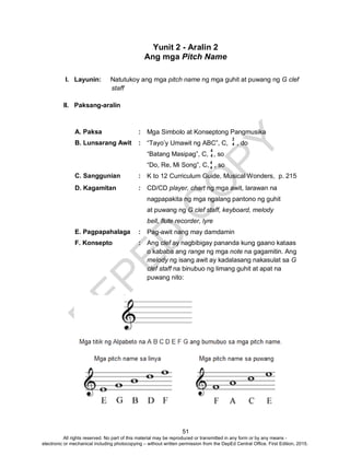 D
EPED
C
O
PY
51
Yunit 2 - Aralin 2
Ang mga Pitch Name
I. Layunin: Natutukoy ang mga pitch name ng mga guhit at puwang ng G clef
staff
II. Paksang-aralin
A. Paksa : Mga Simbolo at Konseptong Pangmusika
B. Lunsarang Awit : “Tayo’y Umawit ng ABC”, C, , do
“Batang Masipag”, C, , so
“Do, Re, Mi Song”, C, , so
C. Sanggunian : K to 12 Curriculum Guide, Musical Wonders, p. 215
D. Kagamitan : CD/CD player, chart ng mga awit, larawan na
nagpapakita ng mga ngalang pantono ng guhit
at puwang ng G clef staff, keyboard, melody
bell, flute recorder, lyre
E. Pagpapahalaga : Pag-awit nang may damdamin
F. Konsepto : Ang clef ay nagbibigay pananda kung gaano kataas
o kababa ang range ng mga note na gagamitin. Ang
melody ng isang awit ay kadalasang nakasulat sa G
clef staff na binubuo ng limang guhit at apat na
puwang nito:
2
4
4
4
4
4
All rights reserved. No part of this material may be reproduced or transmitted in any form or by any means -
electronic or mechanical including photocopying – without written permission from the DepEd Central Office. First Edition, 2015.
 
