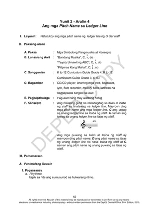 D
EPED
C
O
PY
62
Yunit 2 - Aralin 4
Ang mga Pitch Name sa Ledger Line
I. Layunin: Natutukoy ang mga pitch name ng ledger line ng G clef staff
II. Paksang-aralin
A. Paksa : Mga Simbolong Pangmusika at Konsepto
B. Lunsarang Awit : “Bandang Musika”, C, , do
“Tayo’y Umawit ng ABC”, C, , do
“Pilipinas Kong Mahal”, C, , so
C. Sanggunian : K to 12 Curriculum Guide Grade 4, K to 12
Curriculum Guide Grade 3, p. 53
D. Kagamitan : CD/CD player, chart ng mga awit, keyboard,
lyre, flute recorder, melody bells, larawan na
nagpapakita tungkol sa awit
E. Pagpapahalaga : Pag-awit nang may wastong himig
F. Konsepto : Ang maiikling guhit na idinadagdag sa itaas at ibaba
ng staff ay tinatawag na ledger line. Mayroon ding
mga pitch name ang mga ledger line. C ang tawag
sa unang ledger line sa ibaba ng staff. A naman ang
tawag sa unang ledger line sa itaas ng staff.
Ang mga puwang sa ilalim at ibaba ng staff ay
mayroon ding pitch name. D ang pitch name sa itaas
ng unang ledger line na nasa ibaba ng staff at G
naman ang pitch name ng unang puwang sa itaas ng
staff.
III. Pamamaraan
A. Panimulang Gawain
1. Pagsasanay
a. Rhythmic
Itapik sa hita ang sumusunod na hulwarang ritmo.
2
4
2
4
3
4
All rights reserved. No part of this material may be reproduced or transmitted in any form or by any means -
electronic or mechanical including photocopying – without written permission from the DepEd Central Office. First Edition, 2015.
 