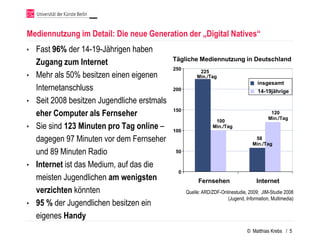 Mediennutzung im Detail: Die neue Generation der „Digital Natives“
•   Fast 96% der 14-19-Jährigen haben
    Zugang zum Internet                       Tägliche Mediennutzung in Deutschland
                                              250
•   Mehr als 50% besitzen einen eigenen                   225
                                                         Min./Tag
                                                                                      insgesamt
    Internetanschluss                         200                                     14-19jährige
•   Seit 2008 besitzen Jugendliche erstmals
    eher Computer als Fernseher               150                                           120
                                                                                           Min./Tag
                                                                 100
•   Sie sind 123 Minuten pro Tag online –     100
                                                                Min./Tag

    dagegen 97 Minuten vor dem Fernseher                                             58
                                                                                    Min./Tag
    und 89 Minuten Radio                      50

•   Internet ist das Medium, auf das die
                                               0
    meisten Jugendlichen am wenigsten                    Fernsehen                    Internet
    verzichten könnten                              Quelle: ARD/ZDF-Onlinestudie, 2009; JIM-Studie 2008
                                                                       (Jugend, Information, Multimedia)
•   95 % der Jugendlichen besitzen ein
    eigenes Handy
                                                                                 © Matthias Krebs / 5
 