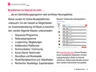 Musiklernen im Internet ist mehr …
… als ein Gehörbildungsprogramm oder sinnfreies Herumgeklicke.
Bisher wurden 43 Online-Musikplattformen        Beispiel: Kollaborative Musikplattform
untersucht. Um die Vielzahl an Möglichkeiten
zur Auseinandersetzung mit Musik zu beschrei-
ben, werden folgende Klassen unterschieden:
   1.   Sequenzer-Programme
   2.   Notensatzprogramme
   3.   Livejamming / Begleitungen
   4.   Kollaborative Plattformen
   5.   Kommunikation / Community
   6.   Kunst (Genre: Netzmusik)                Auf www.thounds.com können Musiker
                                                kurze musikalische Gedanken mit dem
   7.   Soundtoys und Musikspiele               Laptopmikrophon direkt ins Internet
   8.   Musik/Samplearchive und -bibliotheken   aufnehmen. Befreundete Musiker können
   9.   Recherche: Musikblogs, Expertenseiten   dann weitere Instrumente hinzuspielen.


                                                                      © Matthias Krebs / 8
 