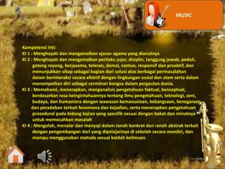 MUSIC
Kompetensi Inti:
KI 1 : Menghayati dan mengamalkan ajaran agama yang dianutnya
KI 2 : Menghayati dan mengamalkan perilaku jujur, disiplin, tanggung jawab, peduli,
gotong royong, kerjasama, toleran, damai, santun, responsif dan proaktif, dan
menunjukkan sikap sebagai bagian dari solusi atas berbagai permasalahan
dalam berinteraksi secara efektif dengan lingkungan sosial dan alam serta dalam
menempatkan diri sebagai cerminan bangsa dalam pergaulan dunia.
KI 3 : Memahami, menerapkan, menganalisis pengetahuan faktual, konseptual,
berdasarkan rasa keingintahuannya tentang ilmu pengetahuan, teknologi, seni,
budaya, dan humaniora dengan wawasan kemanusiaan, kebangsaan, kenegaraan,
dan peradaban terkait fenomena dan kejadian, serta menerapkan pengetahuan
prosedural pada bidang kajian yang spesifik sesuai dengan bakat dan minatnya
untuk memecahkan masalah
KI 4 : Mengolah, menalar dan menyaji dalam ranah konkret dan ranah abstrak terkait
dengan pengembangan dari yang dipelajarinya di sekolah secara mandiri, dan
mampu menggunakan metoda sesuai kaidah keilmuan.
 