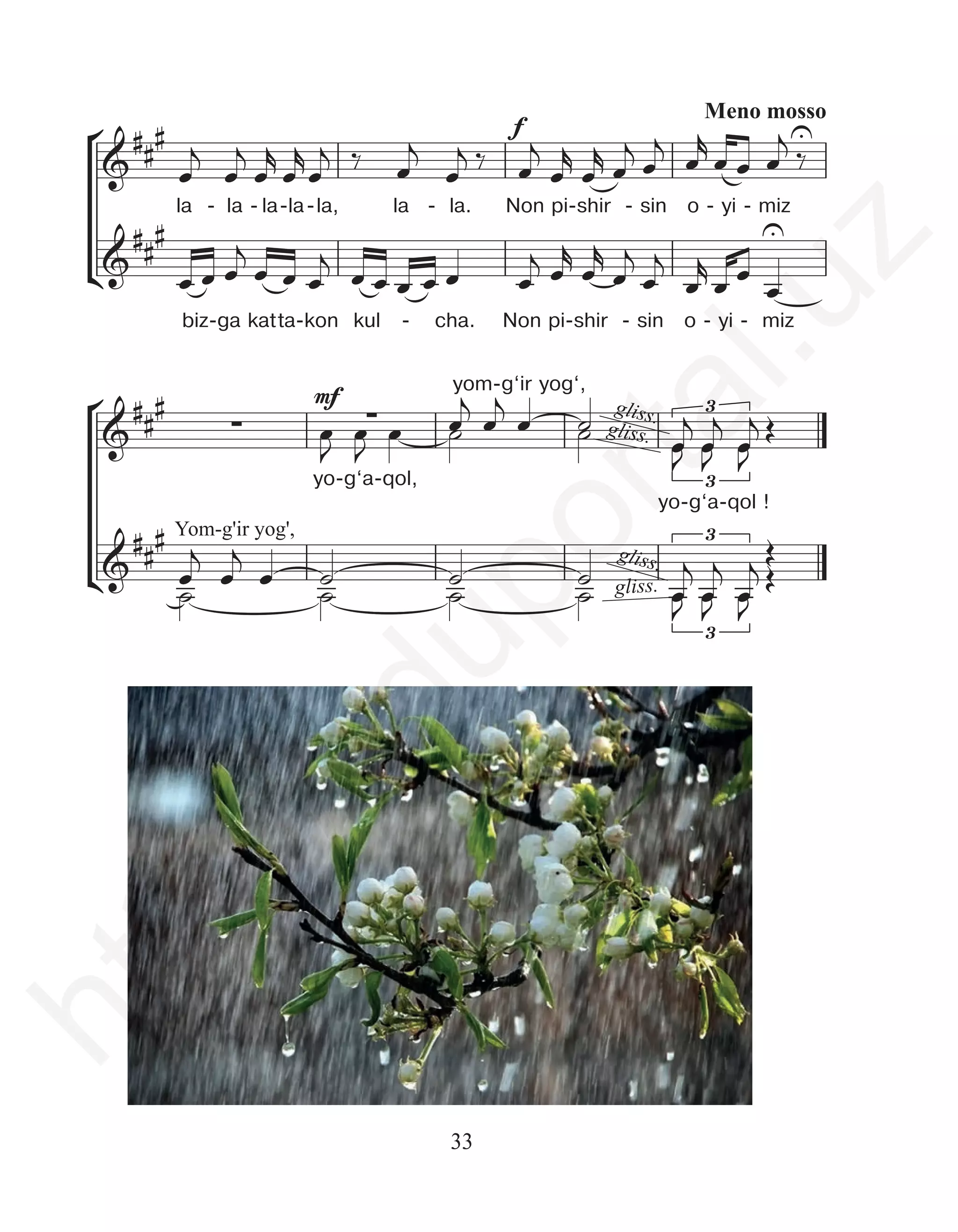 33
°
¢
°
¢
f
Meno mosso
mf
&
### U
&
##
# U
&
###
∑ ∑ gliss.
gliss.
3
3
&
### Yom-g'ir yog',
gliss.
gliss.
3
3
œ
j
œ
j
œ
r
œ
r
œ
j ‰ œ
j
œ
j ‰ œ
j
œ
r
œ
r
œ
j
œ
j
œ
r
œ œ œ
j ‰
œ œ œ
j
œ œ œ
j œ œ œ œ œ œ
j œ
r
œ
r
œ
j
œ
j
œ
r
œ œ
œ
œ
J
œ
J
œ œ
j
˙ œ
j
œ ˙
˙ œ
j
œ
J œ
j
œ
J œ
J
œ
j Œ
œ
j
˙ œ
j
œ ˙
˙ ˙
˙ ˙
˙ œ
j
œ
J œ
j
œ
J œ
J
Œ
œ
j Œ
°
¢
°
¢
f
Meno mosso
mf
&
##
# U
&
### U
&
###
∑ ∑ gliss.
gliss.
3
3
&
### Yom-g'ir yog',
gliss.
gliss.
3
3
œ
j
œ
j
œ
r
œ
r
œ
j ‰ œ
j
œ
j ‰ œ
j
œ
r
œ
r
œ
j
œ
j
œ
r
œ œ œ
j ‰
œ œ œ
j
œ œ œ
j œ œ œ œ œ œ
j œ
r
œ
r
œ
j
œ
j
œ
r
œ œ
œ
œ
J
œ
J
œ œ
j
˙ œ
j
œ ˙
˙ œ
j
œ
J œ
j
œ
J œ
J
œ
j Œ
œ
j
˙
œ
j
œ ˙
˙
˙
˙
˙
˙ œ
j
œ
J œ
j
œ
J œ
J
Œ
œ
j Œ
la - la - la-la-la, la - la. Non pi-shir - sin o - yi - miz
biz-ga katta-kon kul - cha. Non pi-shir - sin o - yi - miz
yo-g‘a-qol,
yo-g‘a-qol !
yom-g‘ir yog‘,
h
t
t
p
:
/
/
e
d
u
p
o
r
t
a
l
.
u
z
 