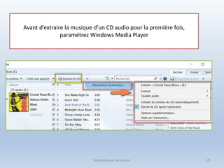 Avant d’extraire la musique d’un CD audio pour la première fois,
paramétrez Windows Media Player
25Médiathèque de Lorient
 