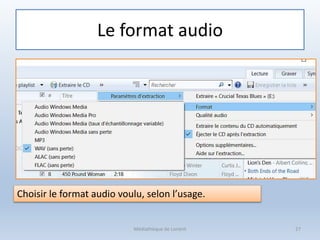 Le format audio
Médiathèque de Lorient
Choisir le format audio voulu, selon l’usage.
27
 