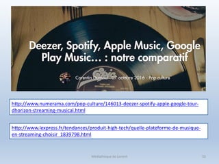 Médiathèque de Lorient 55
http://www.numerama.com/pop-culture/146013-deezer-spotify-apple-google-tour-
dhorizon-streaming-musical.html
http://www.lexpress.fr/tendances/produit-high-tech/quelle-plateforme-de-musique-
en-streaming-choisir_1839798.html
 