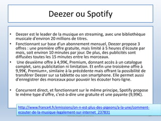 Deezer ou Spotify
• Deezer est le leader de la musique en streaming, avec une bibliothèque
musicale d'environ 20 millions de titres.
• Fonctionnant sur base d'un abonnement mensuel, Deezer propose 3
offres : une première offre gratuite, mais limité à 5 heures d'écoute par
mois, soit environ 10 minutes par jour. De plus, des publicités sont
diffusées toutes les 15 minutes entre les morceaux.
• Une deuxième offre à 4,99€, Premium, donnant accès à un catalogue
complet, sans publicitation ni limitation. Et enfin une troisième offre à
9,99€, Premium+, similaire à la précédente mais offrant la possibilité de
transférer Deezer sur sa tablette ou son smartphone. Elle permet aussi
d'enregistrer des morceaux pour pouvoir les écouter hors-ligne.
• Concurrent direct, et fonctionnant sur le même principe, Spotify propose
le même type d'offre, c'est-à-dire une gratuite et une payante (9,99€).
Médiathèque de Lorient 64
http://www.france4.fr/emissions/on-n-est-plus-des-pigeons/a-la-une/comment-
ecouter-de-la-musique-legalement-sur-internet_237831
 