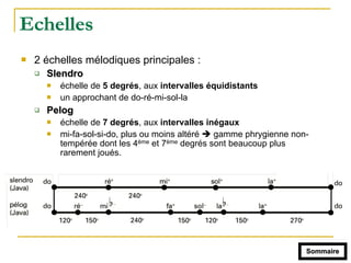 Echelles
! 2 échelles mélodiques principales :
" Slendro
! échelle de 5 degrés, aux intervalles équidistants
! un approchant de do-ré-mi-sol-la
" Pelog
! échelle de 7 degrés, aux intervalles inégaux
! mi-fa-sol-si-do, plus ou moins altéré $ gamme phrygienne non-
tempérée dont les 4ème et 7ème degrés sont beaucoup plus
rarement joués.
Sommaire
 