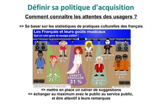 Définir sa politique d'acquisition
Comment connaître les attentes des usagers ?
=> Se baser sur les statistiques de pratiques culturelles des français
=> mettre en place un cahier de suggestions
=> échanger au maximum avec le public au service public,
et être attentif à leurs remarques
 