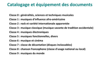 Classe 0 : généralités, sciences et techniques musicales
Classe 1 : musiques d'influence afro-américaine
Classe 2 : rock et variété internationale apparentée
Classe 3 : musique classique (musique savante de tradition occidentale)
Classe 4 : musiques électroniques
Classe 5 : musiques fonctionnelles, divers
Classe 6 : musique et cinéma
Classe 7 : classe de décantation (disques inclassables)
Classe 8 : chanson francophone (classe d'usage national ou local)
Classe 9 : musiques du monde
Catalogage et équipement des documents
 