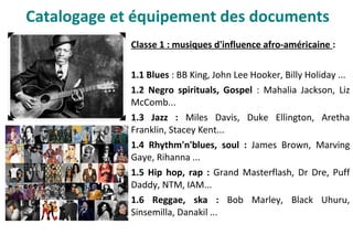 Classe 1 : musiques d'influence afro-américaine :
1.1 Blues : BB King, John Lee Hooker, Billy Holiday ...
1.2 Negro spirituals, Gospel : Mahalia Jackson, Liz
McComb...
1.3 Jazz : Miles Davis, Duke Ellington, Aretha
Franklin, Stacey Kent...
1.4 Rhythm'n'blues, soul : James Brown, Marving
Gaye, Rihanna ...
1.5 Hip hop, rap : Grand Masterflash, Dr Dre, Puff
Daddy, NTM, IAM...
1.6 Reggae, ska : Bob Marley, Black Uhuru,
Sinsemilla, Danakil ...
Catalogage et équipement des documents
 