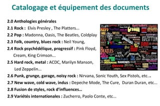 2.0 Anthologies générales
2.1 Rock : Elvis Presley , The Platters...
2.2 Pop : Madonna, Oasis, The Beatles, Coldplay
2.3 Folk, country, blues rock : Neil Young,
2.4 Rock psychédélique, progressif : Pink Floyd,
Cream, King Crimson...
2.5 Hard rock, metal : ACDC, Marilyn Manson,
Led Zeppelin...
2.6 Punk, grunge, garage, noisy rock : Nirvana, Sonic Youth, Sex Pistols, etc...
2.7 New wave, cold wave, indus : Depeche Mode, The Cure, Duran Duran, etc...
2.8 Fusion de styles, rock d’influences…
2.9 Variétés internationales : Zucherro, Paolo Conte, etc...
Catalogage et équipement des documents
 