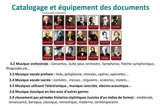 3.2 Musique orchestrale : Concertos, Suite pour orchestre, Symphonie, Poème symphonique ,
Rhapsodie,etc…
3.3 Musique vocale profane : lieds, polyphonie, chorales, opéras, opérettes …
3.4 Musique vocale sacrée : cantates , messes , requiems , oratorios, motets…
3.5 Musiques utilisant l'électronique , musique concrète, electro-acoustique…
3.6 Musique classique en lien avec d’autres genres
3.9 classement par périodes historico-stylistiques (suivies d’un indice de forme) : médiévale,
renaissance, baroque, classique, romantique, moderne, contemporaine
Catalogage et équipement des documents
 