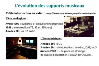 Petite introduction en vidéo : https://www.youtube.com/watch?v=wcfLolnmLl4b
L’ère analogique :
Avant 1900 : cylindres, et disque phonographique
1948 : le microsillon (75, 33 et 45 tours)
Années 60 : les K7 audio
L’ère numérique :
Années 80 : le CD
Années 90 : miniaturisation : minidisc, DAT, mp3
Années 2000 : + de place de stockage,
de qualité d’exportation : SACD, DVD audio…
L'évolution des supports musicaux
 