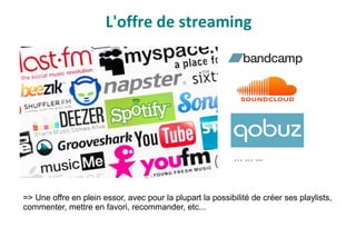 L'offre de streaming
… … ...
=> Une offre en plein essor, avec pour la plupart la possibilité de créer ses playlists,
commenter, mettre en favori, recommander, etc...
 