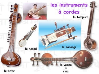 le sitar
la tampura
le sarangi
la veena
ou
vina
le sarod
les instruments
à cordes
 