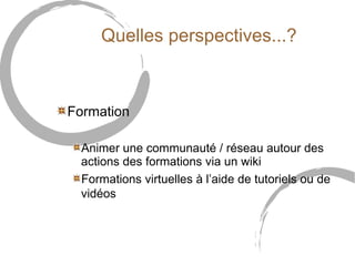 Quelles perspectives...? 
Formation 
Animer une communauté / réseau autour des 
actions des formations via un wiki 
Formations virtuelles à l’aide de tutoriels ou de 
vidéos 
 