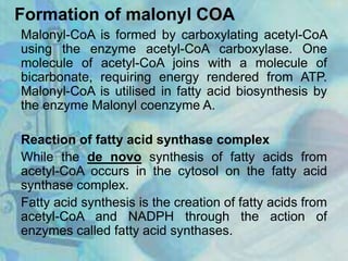 Formation of malonyl COA
Malonyl-CoA is formed by carboxylating acetyl-CoA
using the enzyme acetyl-CoA carboxylase. One
molecule of acetyl-CoA joins with a molecule of
bicarbonate, requiring energy rendered from ATP.
Malonyl-CoA is utilised in fatty acid biosynthesis by
the enzyme Malonyl coenzyme A.
Reaction of fatty acid synthase complex
While the de novo synthesis of fatty acids from
acetyl-CoA occurs in the cytosol on the fatty acid
synthase complex.
Fatty acid synthesis is the creation of fatty acids from
acetyl-CoA and NADPH through the action of
enzymes called fatty acid synthases.
 