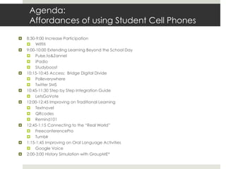 Agenda:  Affordances of using Student Cell Phones8:30-9:00 Increase ParticipationWiffiti9:00-10:00 Extending Learning Beyond the School DayPulse.to & ZanneliPadioStudyboost10:15-10:45 Access:  Bridge Digital DividePolleverywhereTwitter SMS10:45-11:30 Step by Step Integration GuideLetsGoVote12:00-12:45 Improving on Traditional LearningTextnovelQRcodesRemind10112:45-1:15 Connecting to the “Real World”FreeconferenceProTumblr1:15-1:45 Improving on Oral Language ActivitiesGoogle Voice2:00-3:00 History Simulation with GroupME*